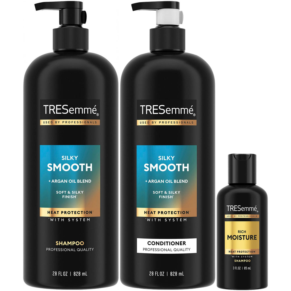 TRESemmé front packaging showing full-size shampoo and conditioner set and travel bottle benefit portability