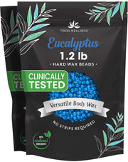 Tress Wellness front packaging showing eucalyptus-scented wax beads and benefits