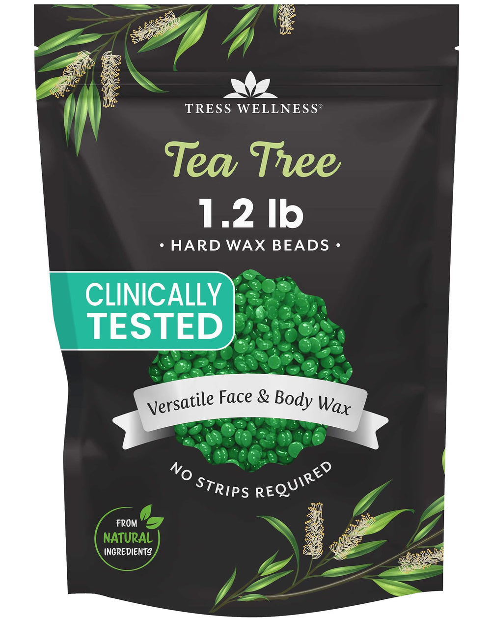 Tress Wellness front packaging showing tea tree wax beads and benefits