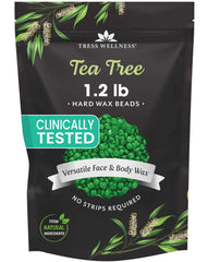 Tress Wellness front packaging showing tea tree wax beads and benefits