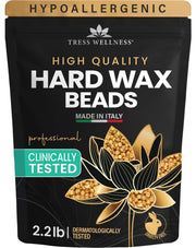 Tress Wellness front packaging showing 2.2 lb unscented hard wax beads and benefits