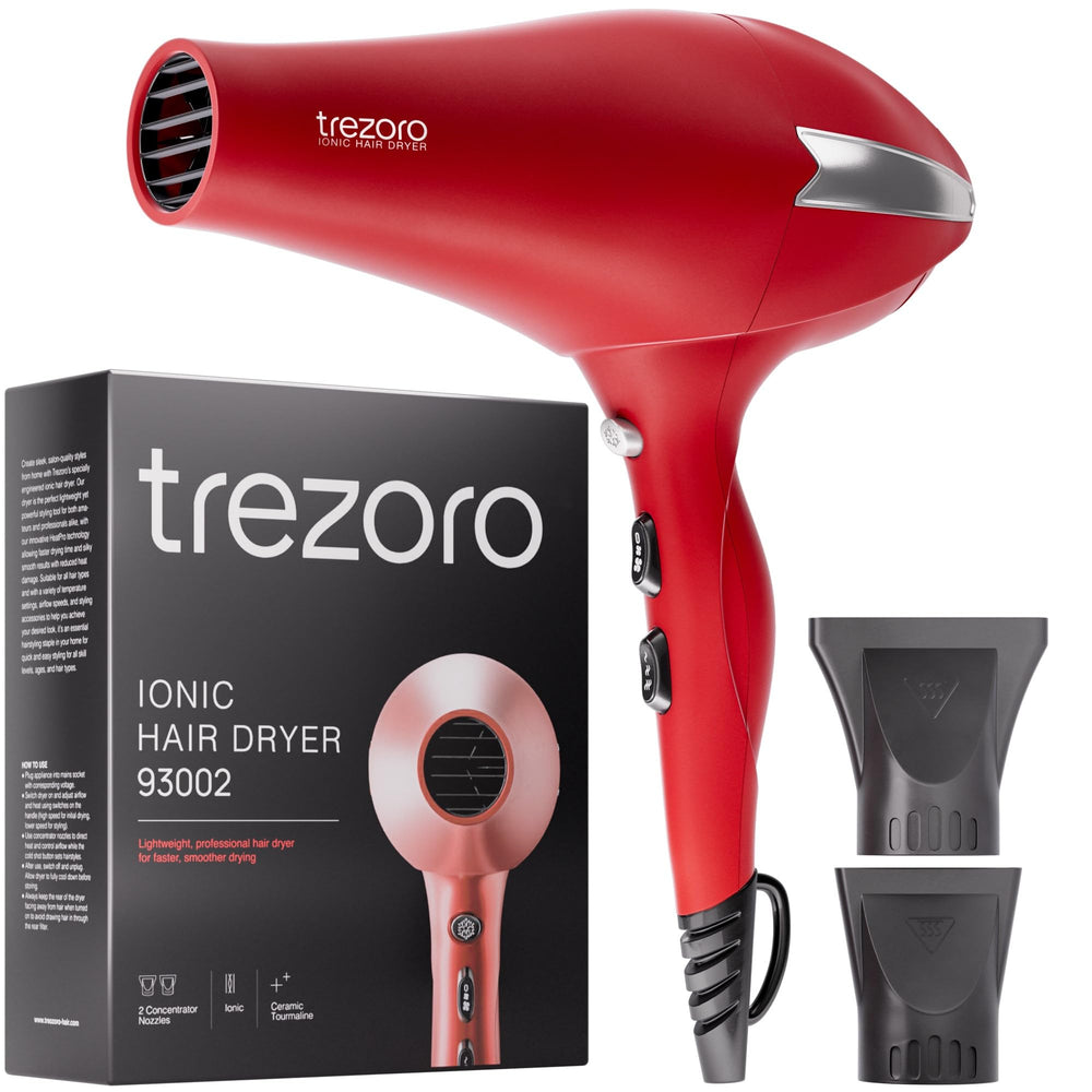 TREZORO front view of red dryer showing sleek body and controls for precision