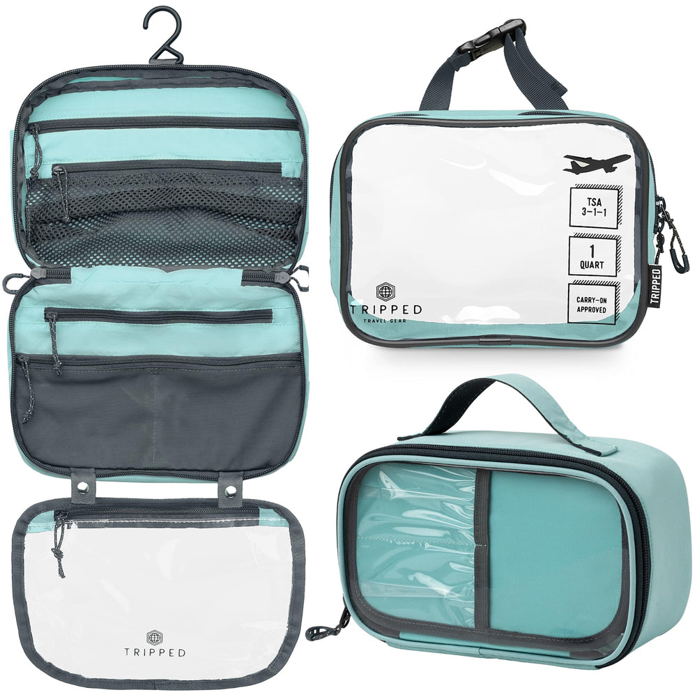 TRIPPED hanging toiletry bag front view with organized pockets and easy access