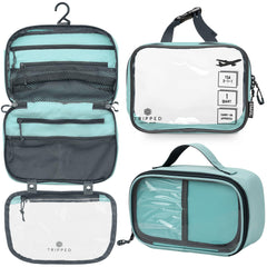 TRIPPED hanging toiletry bag front view with organized pockets and easy access