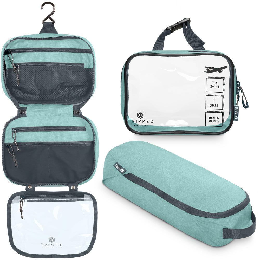 TRIPPED hanging toiletry bag front view showing compact travel organization