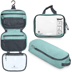 TRIPPED hanging toiletry bag front view showing compact travel organization