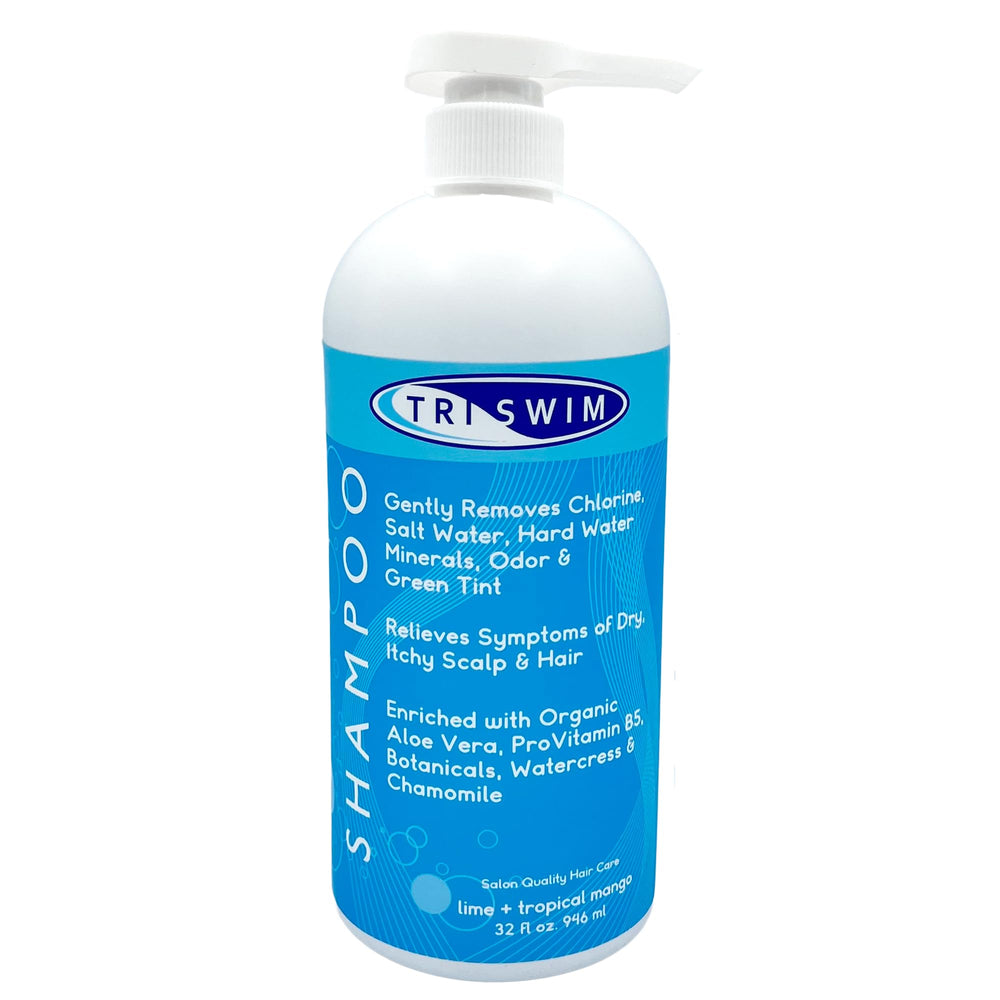 TRISWIM 32oz front bottle showing lime mango scent and pump for easy use