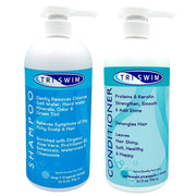 TRISWIM front view of shampoo and conditioner bundle showing large pumps for convenience