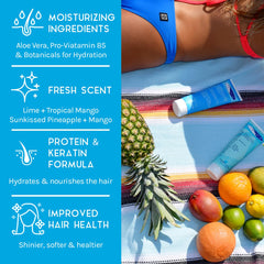 TRISWIM shampoo bottle close-up dispensing, removes chlorine buildup quickly