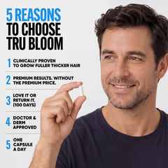 TRU BLOOM capsule in hand to show size and convenient daily dose