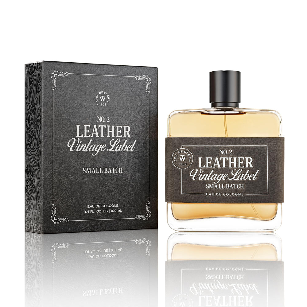 Tru Fragrance Beauty front bottle showing Leather No. 2 and vintage label benefit