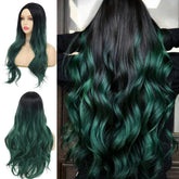 Tseses front view long green wig showing ombre dark roots and flattering silhouette