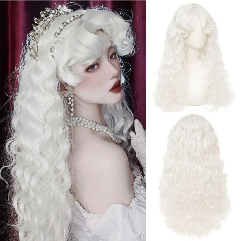 Tseses front view of white curly wig showing natural look and styling benefit