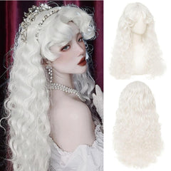 Tseses front view of white curly wig showing natural look and styling benefit