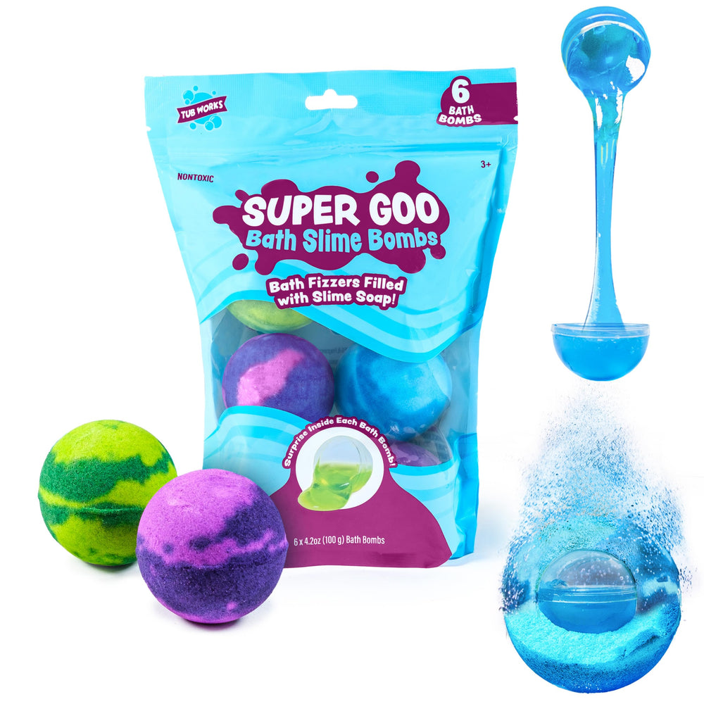 Tub Works front packaging showing six surprise slime bath bombs and colorful branding, ideal for gift giving.