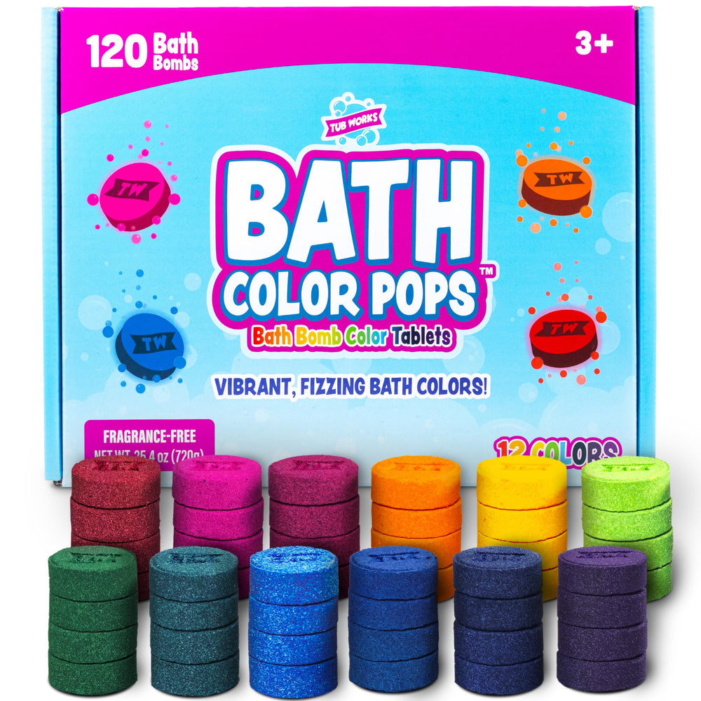 Tub Works front packaging showing 120 colorful bath tablets and benefits
