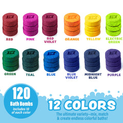 Tub Works display of twelve tablet colors showing color variety and mixing fun