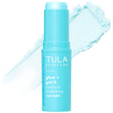 TULA eye balm front packaging showing compact portable tube and branding benefits