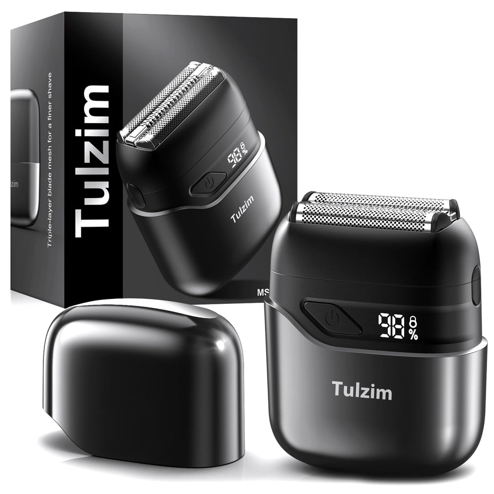 Tulzim shaver front view showing ergonomic handle and foil for comfortable grip