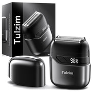 Tulzim shaver front view showing ergonomic handle and foil for comfortable grip