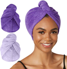 Turbie Twist front view showing dark and light purple towels and quick-dry benefit