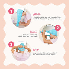 Model wrapping hair with Turbie Twist in bathroom showcasing hands-free drying convenience
