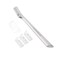 Tweezerman brow razor front view showing slim head for precise shaping and control
