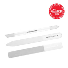 Tweezerman close-up of tempered glass nail file showing fine etched texture