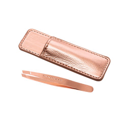 Tweezerman mini slant front view showing rose gold finish and compact benefit