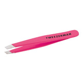 Tweezerman mini slant tweezer front view showing precise tips and neon pink finish benefit portability