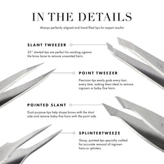 Tweezerman tip close-up revealing hand-filed edges for accurate hair removal