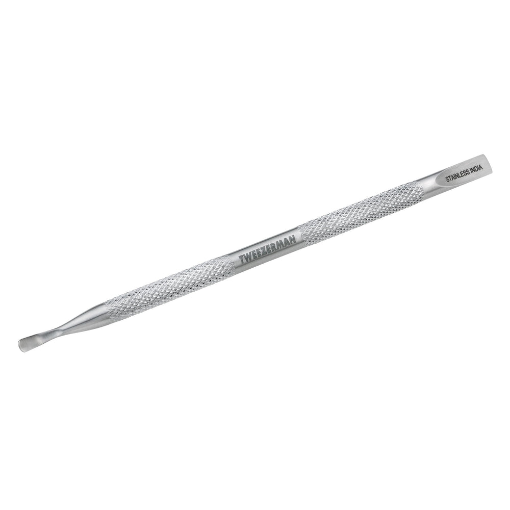 Tweezerman Pushy cuticle pusher front view showing dual ends and durable finish