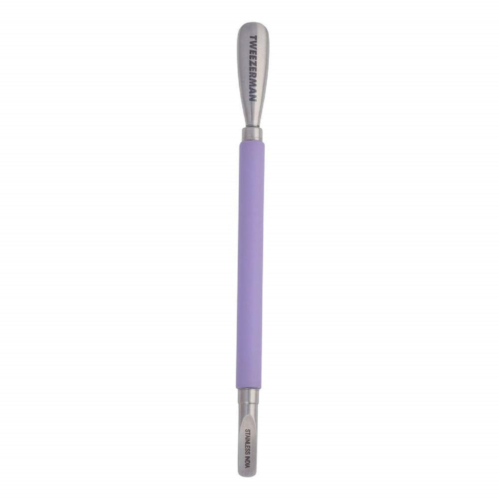 Tweezerman Pushy front view showing dual-ended design and compact benefits