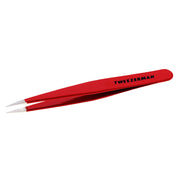 Tweezerman signature red front view showing compact tweezer and easy storage benefit