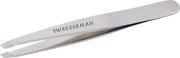 Tweezerman slant tweezer front view showing slim stainless-steel body and precise control