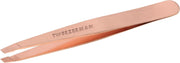 Tweezerman rose gold slant tweezer front view shows polished finish and ergonomic shape for precise grooming