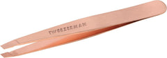 Tweezerman rose gold slant tweezer front view shows polished finish and ergonomic shape for precise grooming