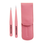 Tweezerman front view of Tea Rose petite tweeze set showing both tools and case for portability