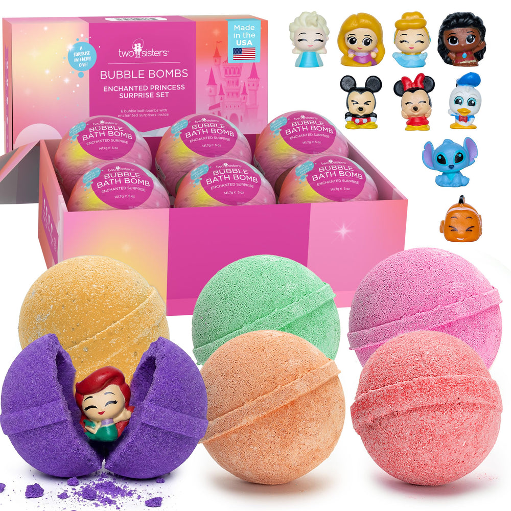 Two Sisters front packaging showing six princess bath bombs and gift-ready design