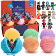 Two Sisters front packaging showing six colorful superhero bath bombs and benefits