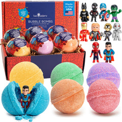 Two Sisters front packaging showing six colorful superhero bath bombs and benefits
