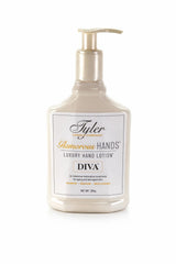 Tyler Candle Company Diva lotion being dispensed from pump, demonstrating easy controlled use