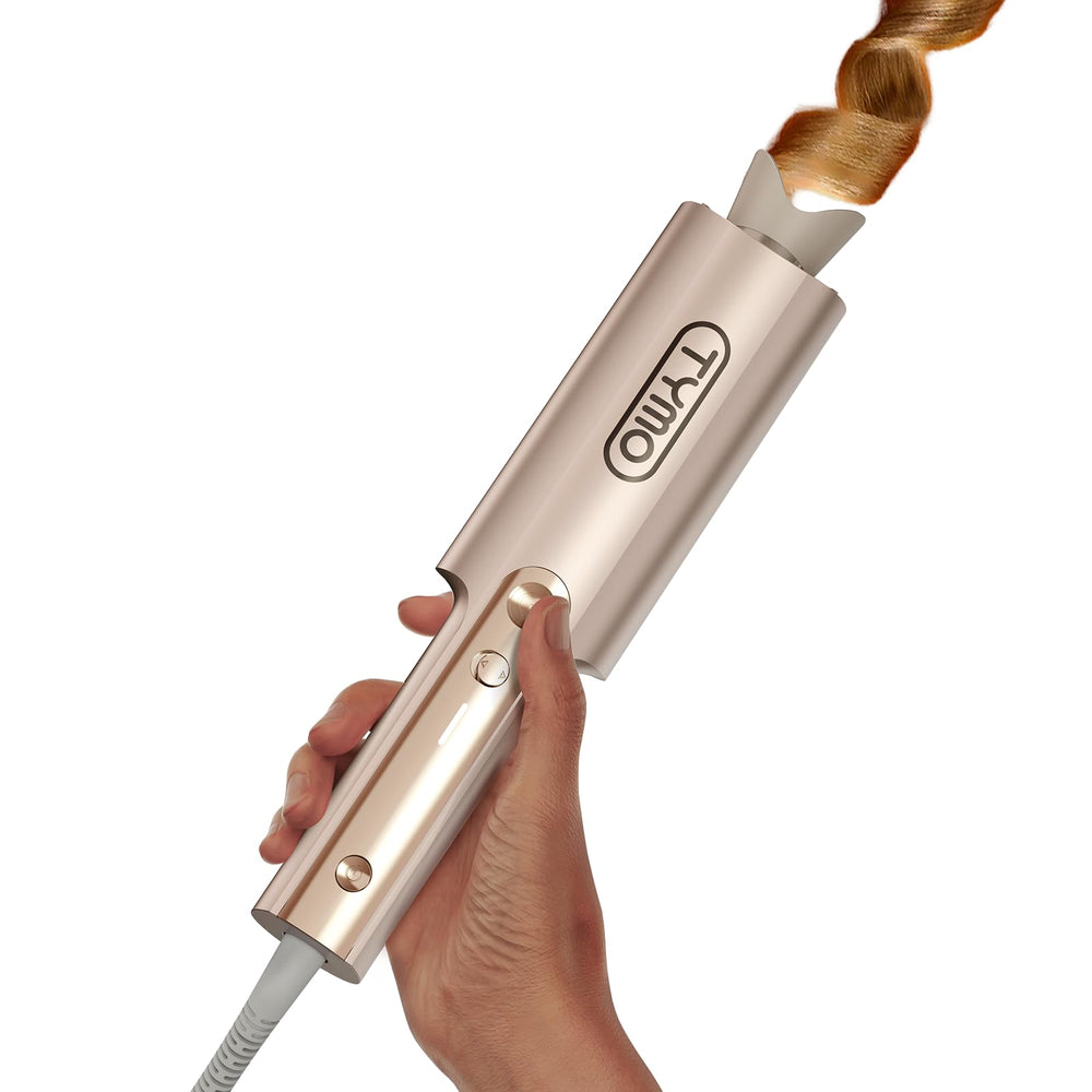 TYMO CurlPro Plus front view showing gold finish and controls for easy styling