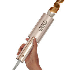 TYMO CurlPro Plus front view showing gold finish and controls for easy styling