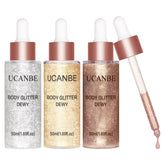 UCANBE front packaging showing three shimmer drop bottles and set benefit