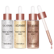 UCANBE front packaging showing three shimmer drop bottles and set benefit