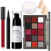 UCANBE flat lay of full Halloween makeup kit showing all components and color variety