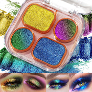 UCANBE palette front view showing four holographic shades and travel-friendly case benefit