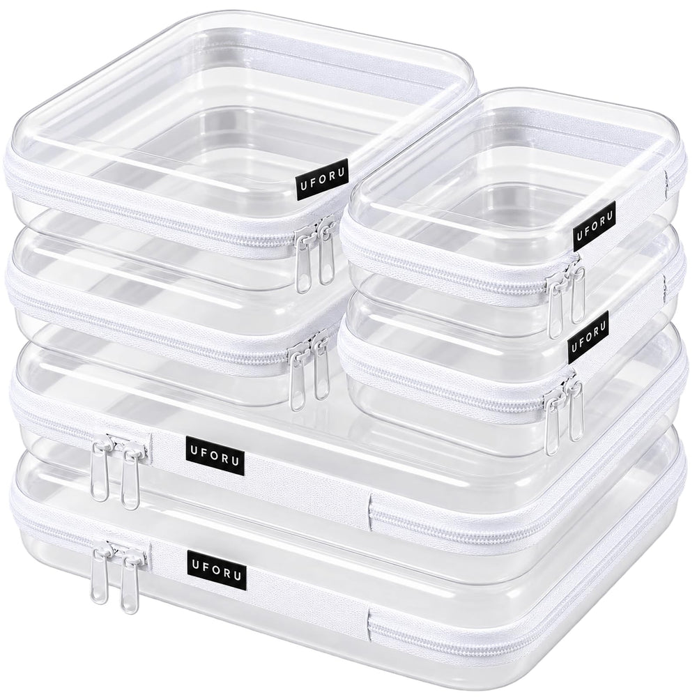 UFORU front view of six-piece clear zipper case set showing organized benefits