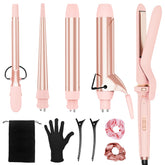 Ufree front view of pink 5-in-1 curling iron set showing all components and benefits